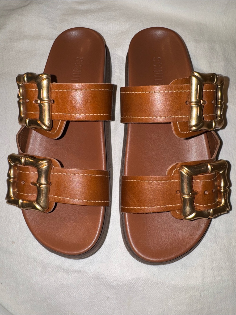 Schutz Enola Women’s 7.5B Leather Sandals Brown Gold Bamboo Buckle Slides